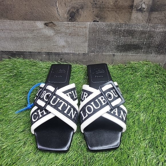 Christian Louboutin Black/White Logo Canvas and Leather Crossimule Flat Slides - Picture 7 of 11